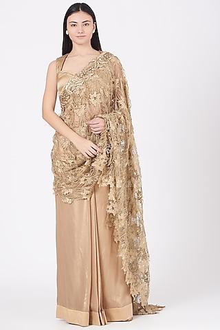 gold beaded pre-stitched saree set