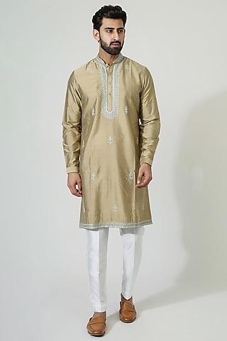 gold beige cotton silk aari embroidered kurta set