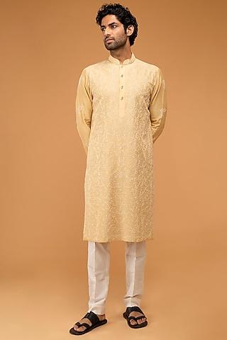 gold-beige cotton silk embroidered kurta set