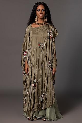 gold bemberg georgette satin hand work one-shoulder kaftan style cape set