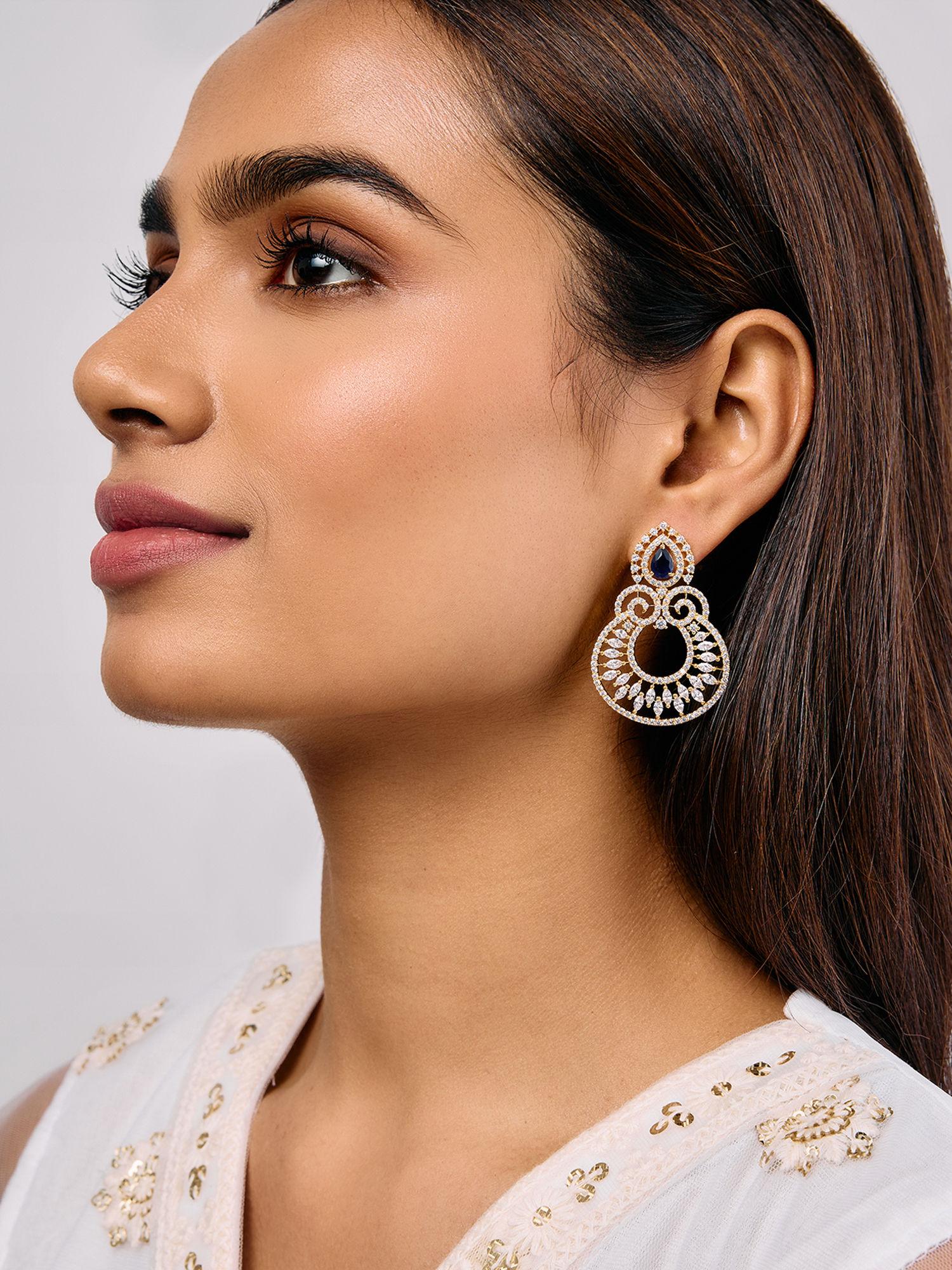 gold blue american diamond chandbali earrings