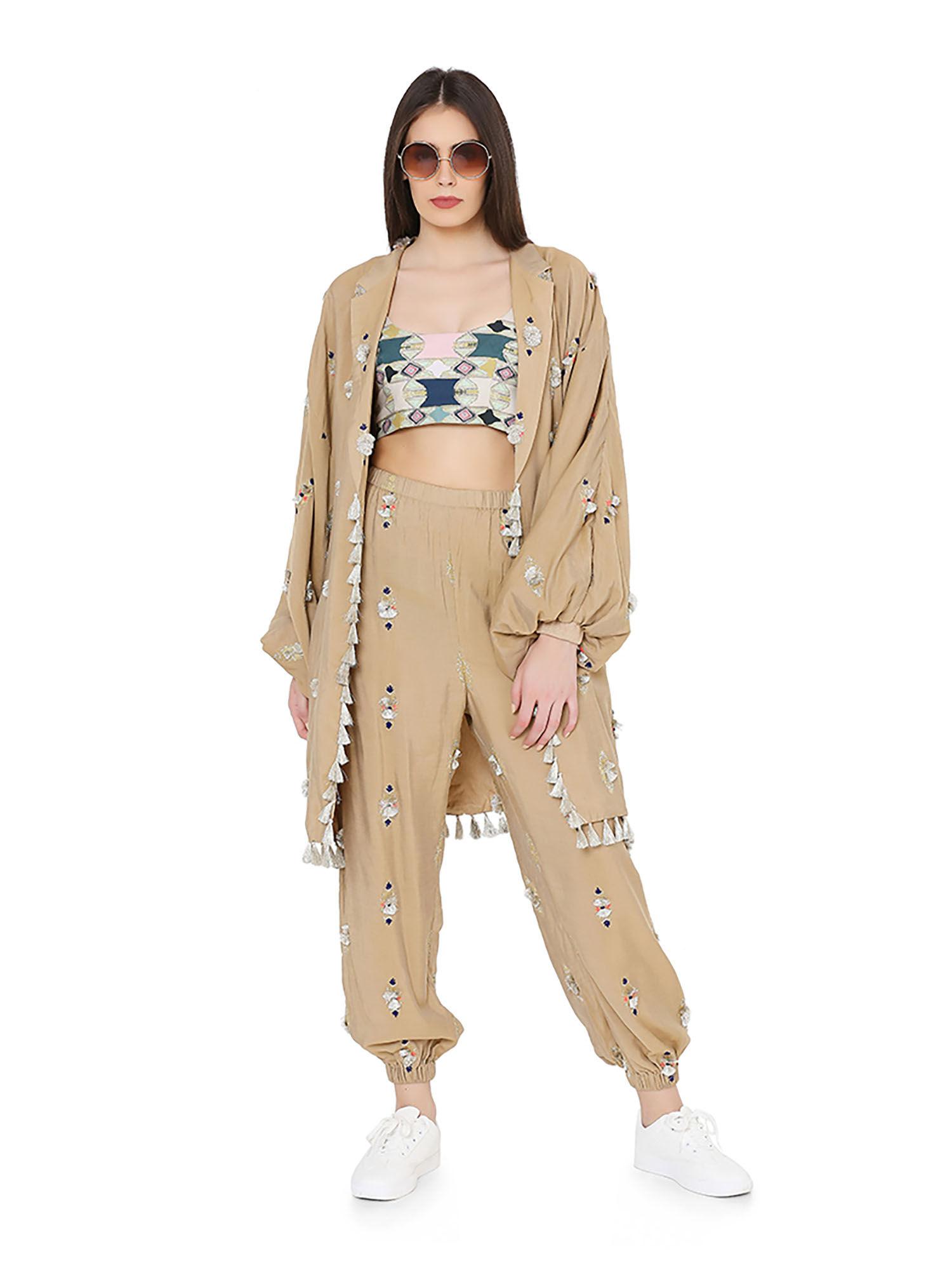 gold brocade oversized jacket and jogger pant with printed bustier (set of 3)