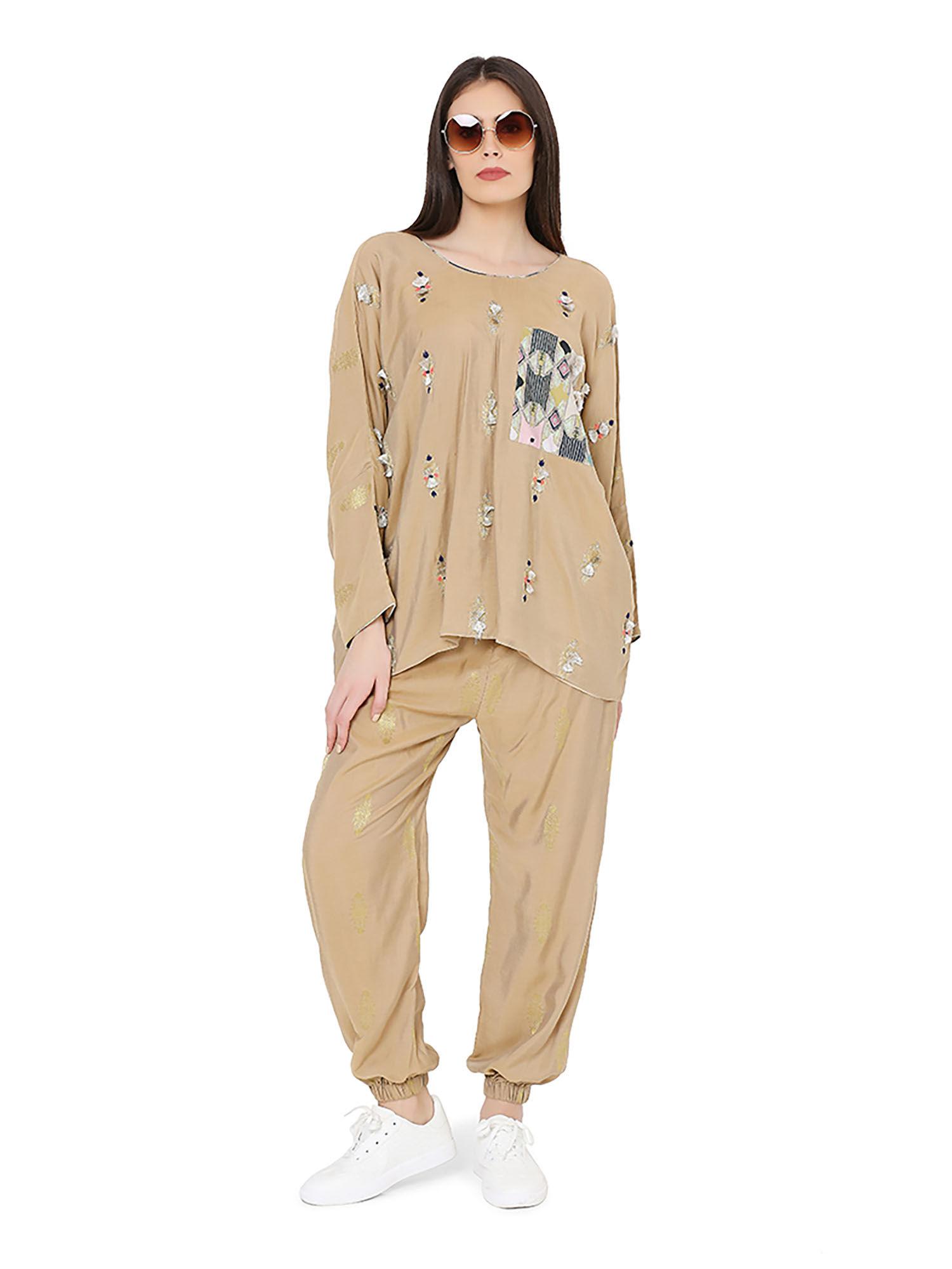 gold brocade oversized top with jogger pant set (set of 2)