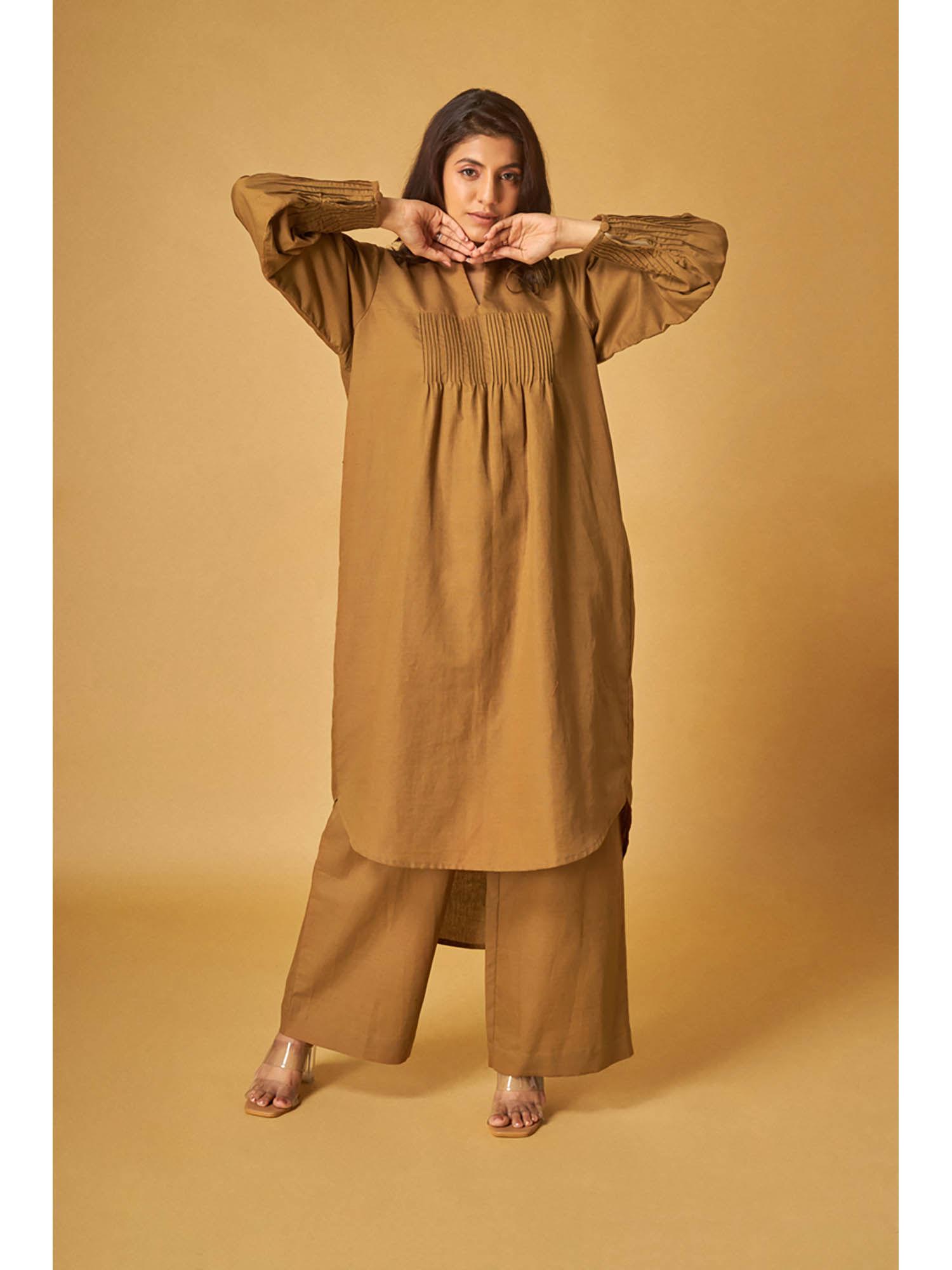 gold brown linen kurta and pant co-ord (set of 2)