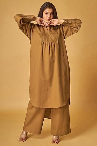 gold brown linen tunic set