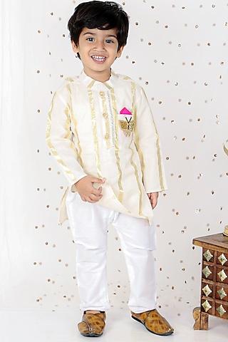 gold chanderi & cotton silk embroidered kurta set for boys