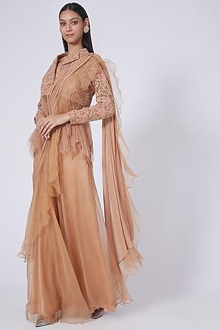 gold chiffon & net draped saree set