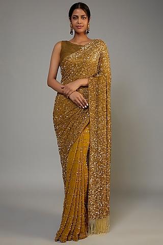 gold chiffon embroidered saree set