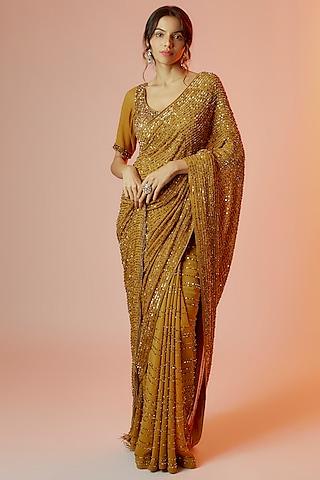 gold chiffon embroidered saree set