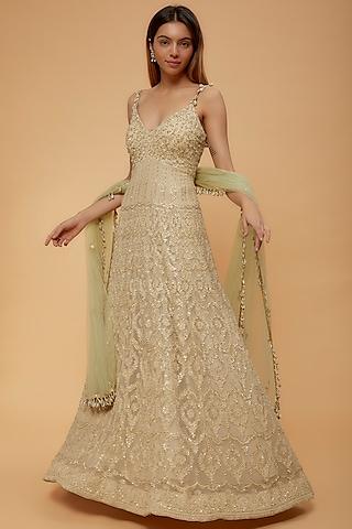 gold chikankari embroidered anarkali set