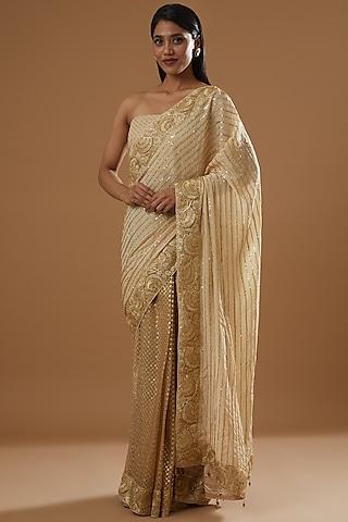 gold chinon & tulle sequins embroidered saree set