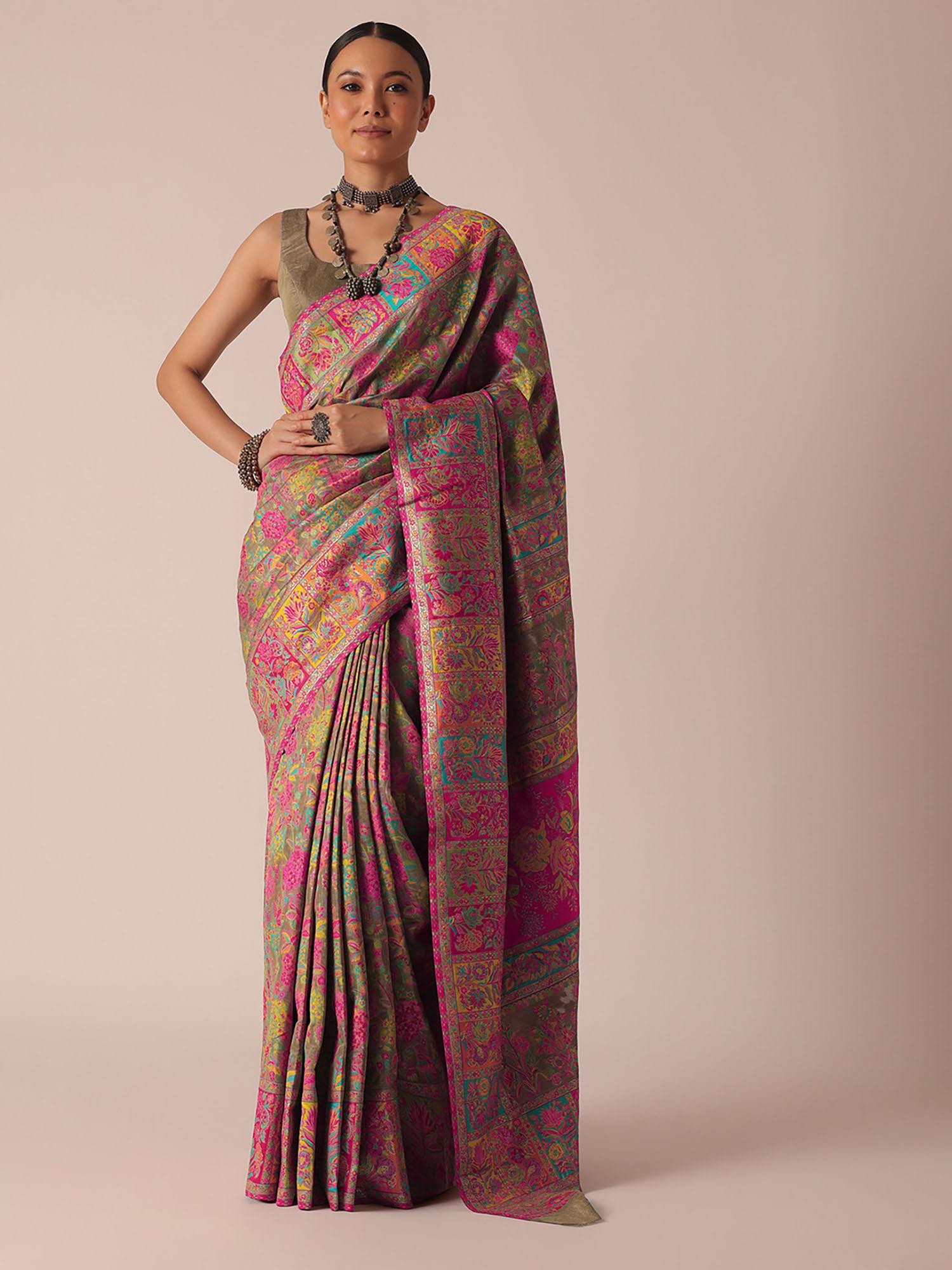 gold cotton silk kashmiri saree with unstitched blouse