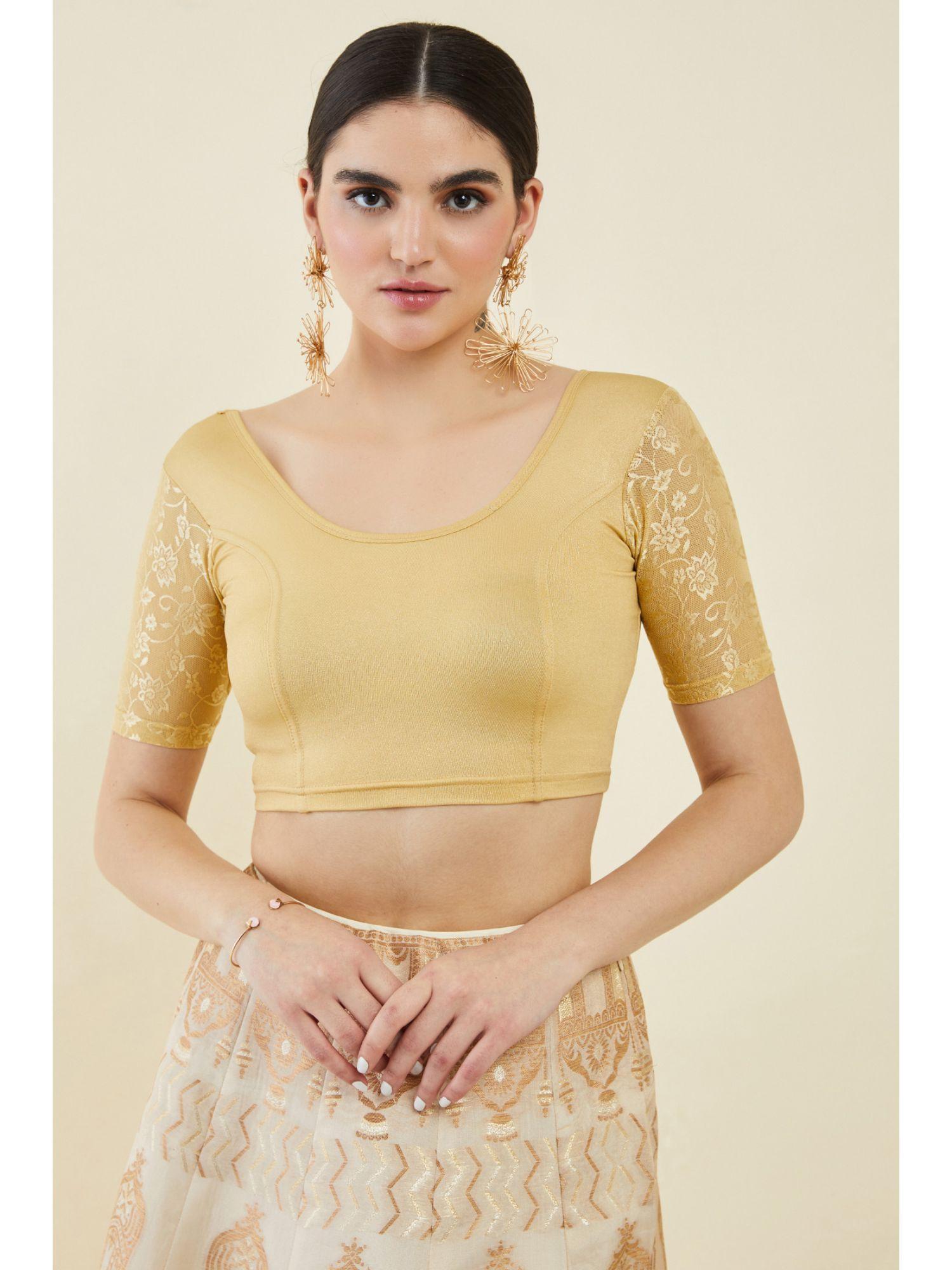 gold cotton spandex princess cut blouse with floral sleeves