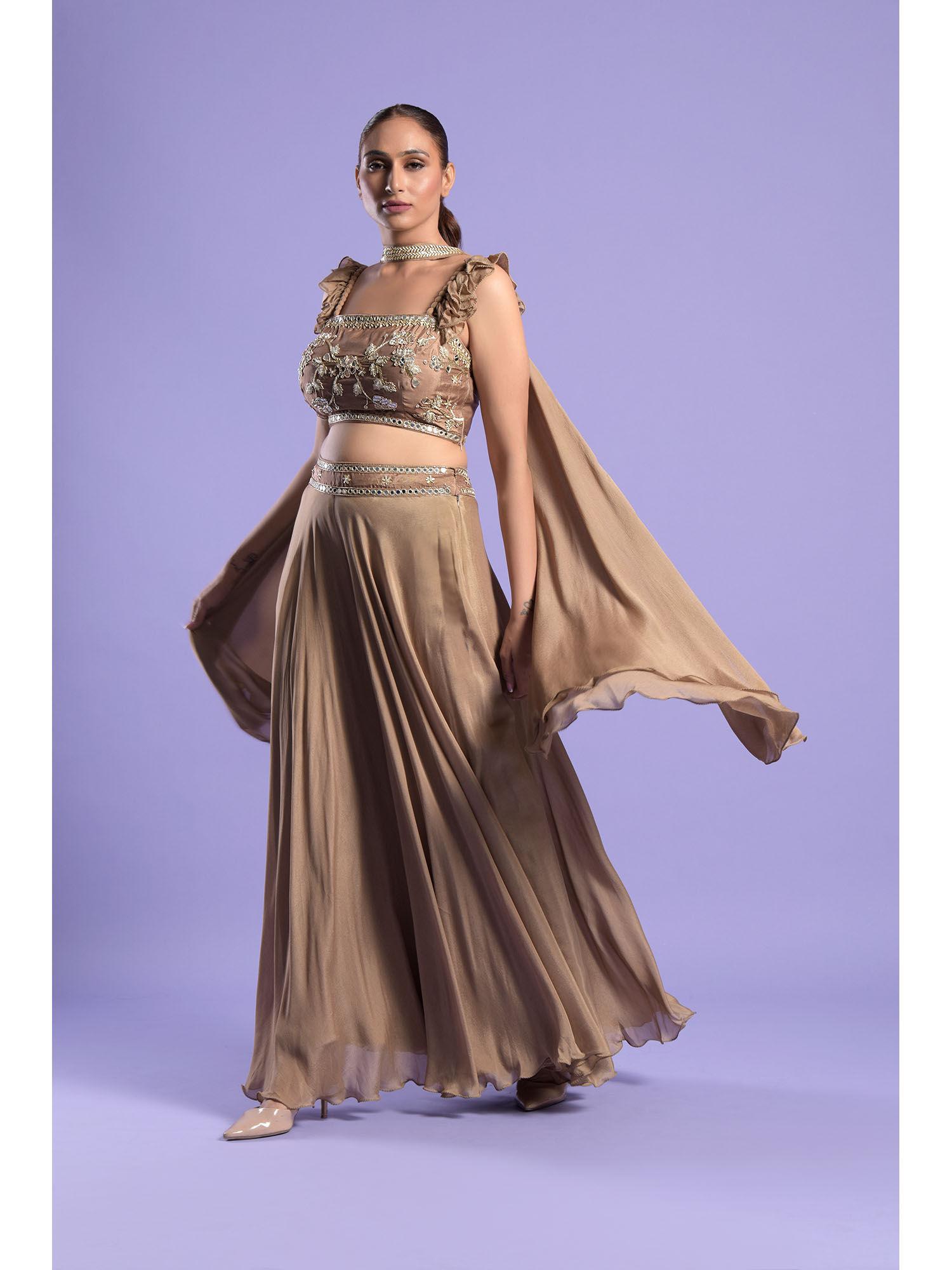 gold crepe crop top with palazzo & dupatta (set of 3)