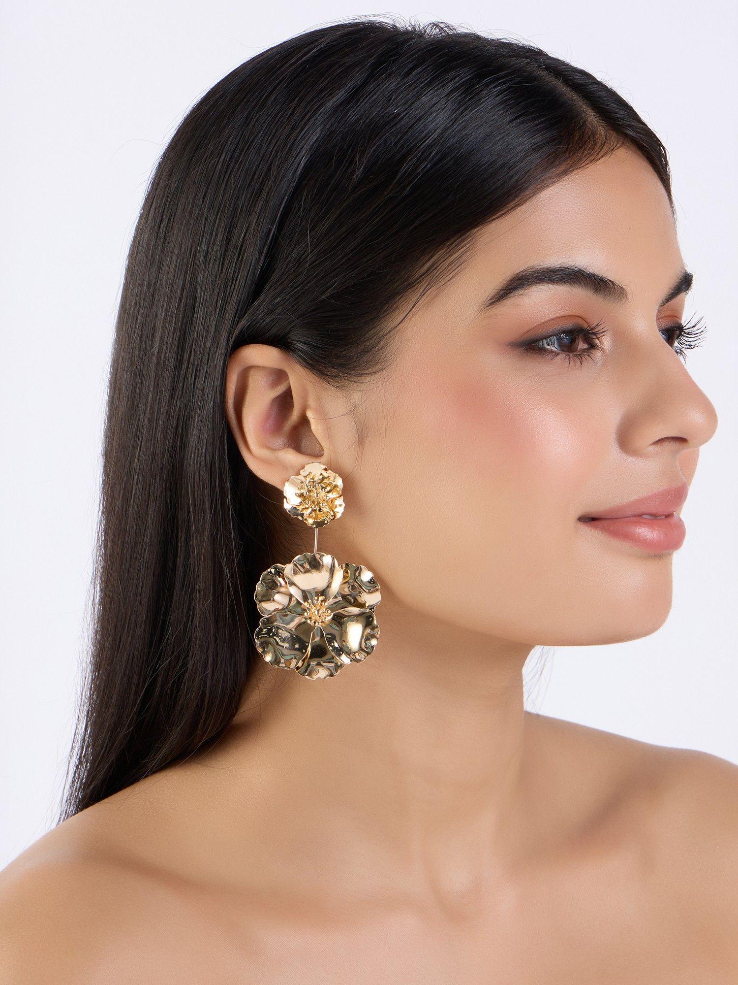 gold dual flower motif detachable drop earrings