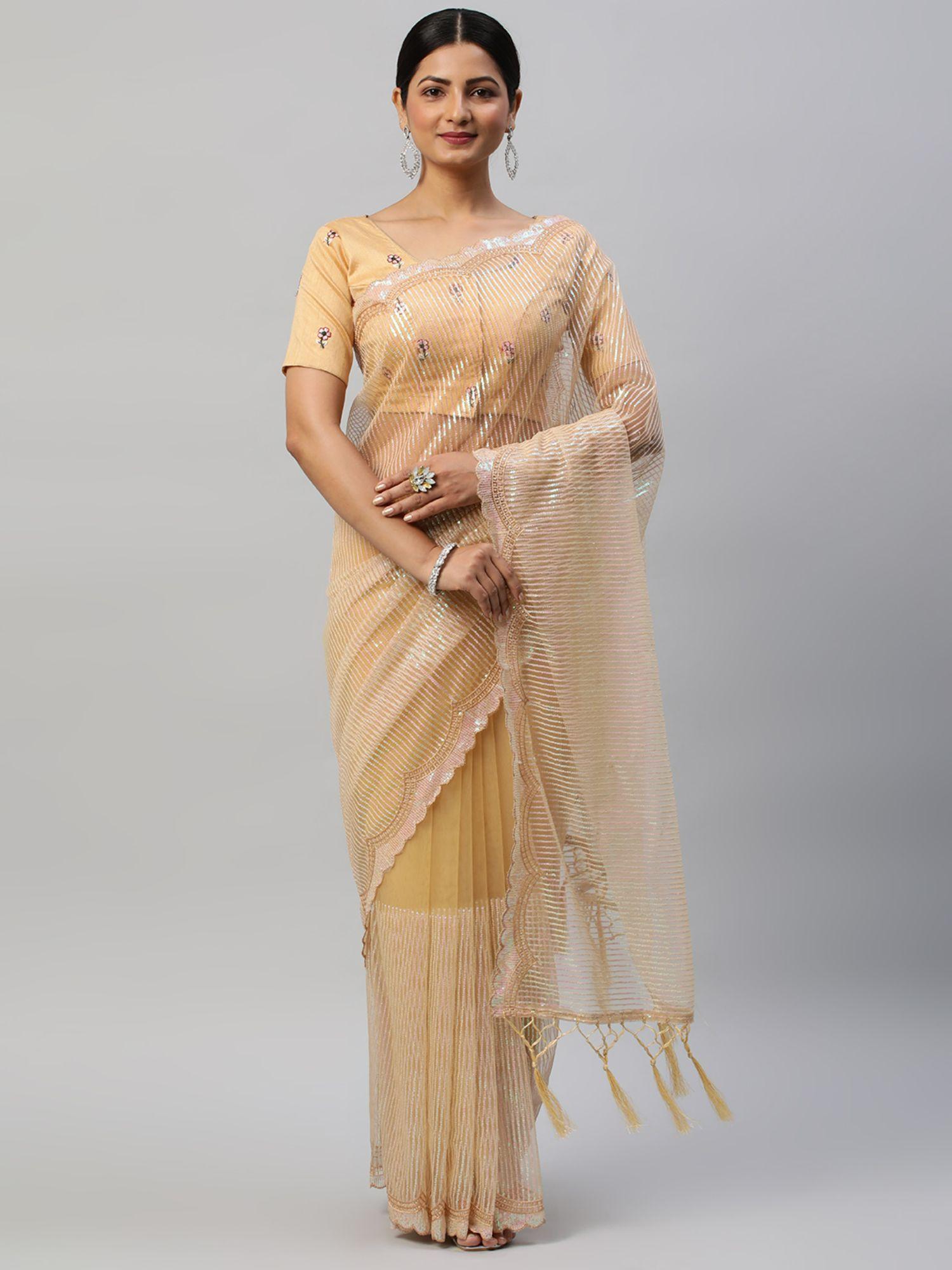 gold embellished sequinned saree with unstitched blouse