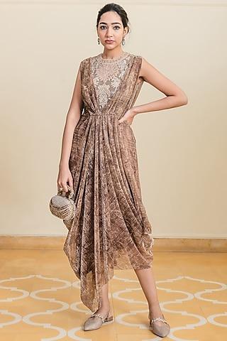 gold embroidered & printed draped dress