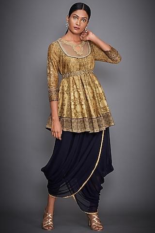 gold embroidered & printed kurta with navy blue pants