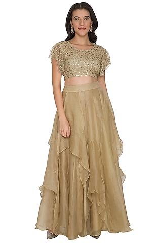 gold embroidered crop top with ruffled skirt