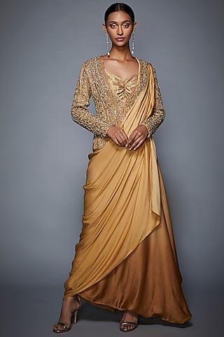 gold embroidered draped saree set with jacket