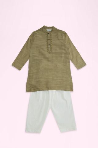 gold embroidered ethnic mandarin full sleeves thigh-length boys regular fit pant kurta set