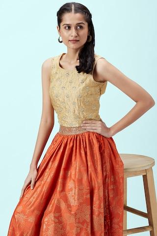 gold embroidered ethnic sleeveless round neck women regular fit choli