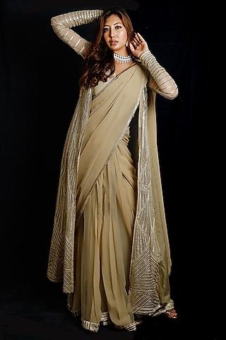 gold embroidered jacket saree set