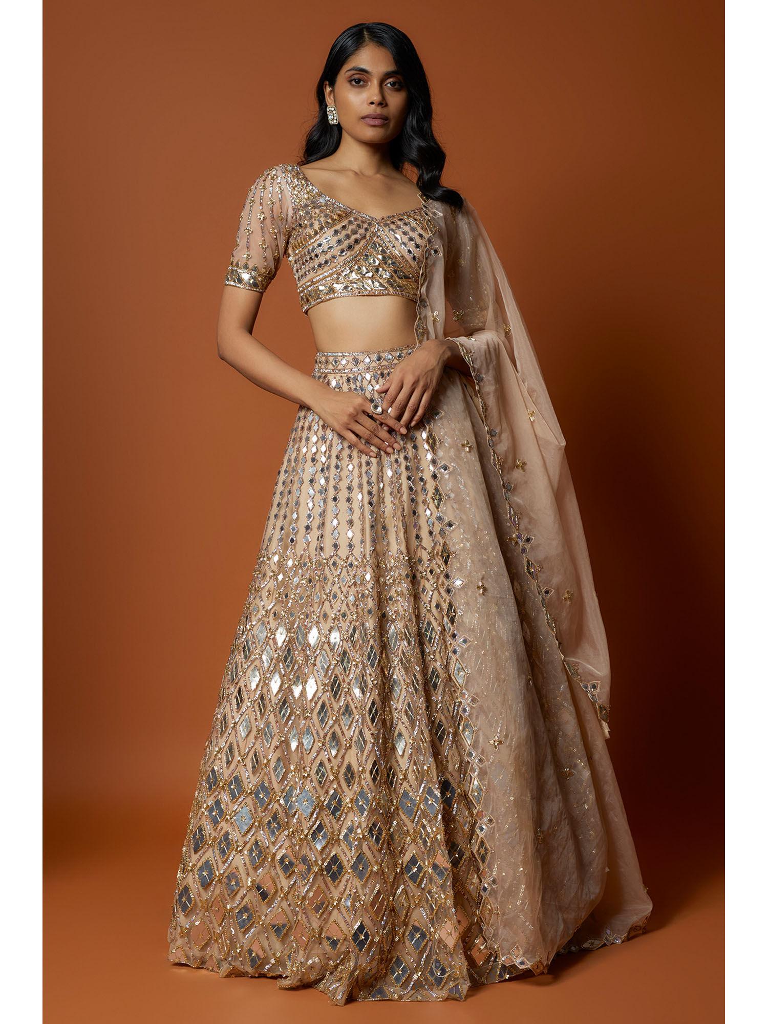 gold embroidered lehenga with stitched blouse and dupatta (set of 3)