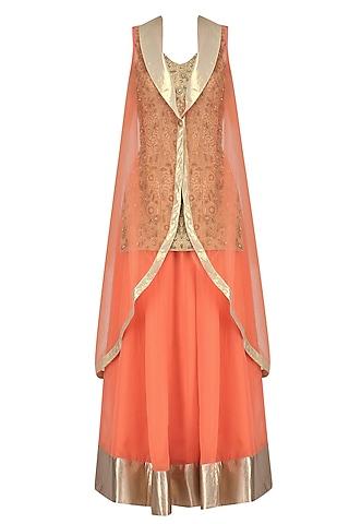 gold embroidered long kurta with orange skirt and cape