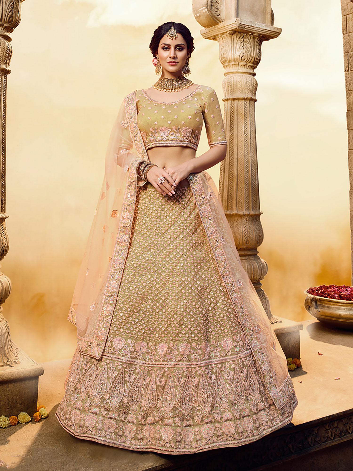 gold embroidered soft net semi stitched lehenga with unstitched blouse (set of 3)