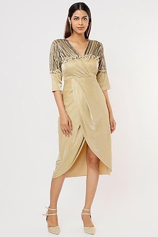 gold embroidered wrap dress