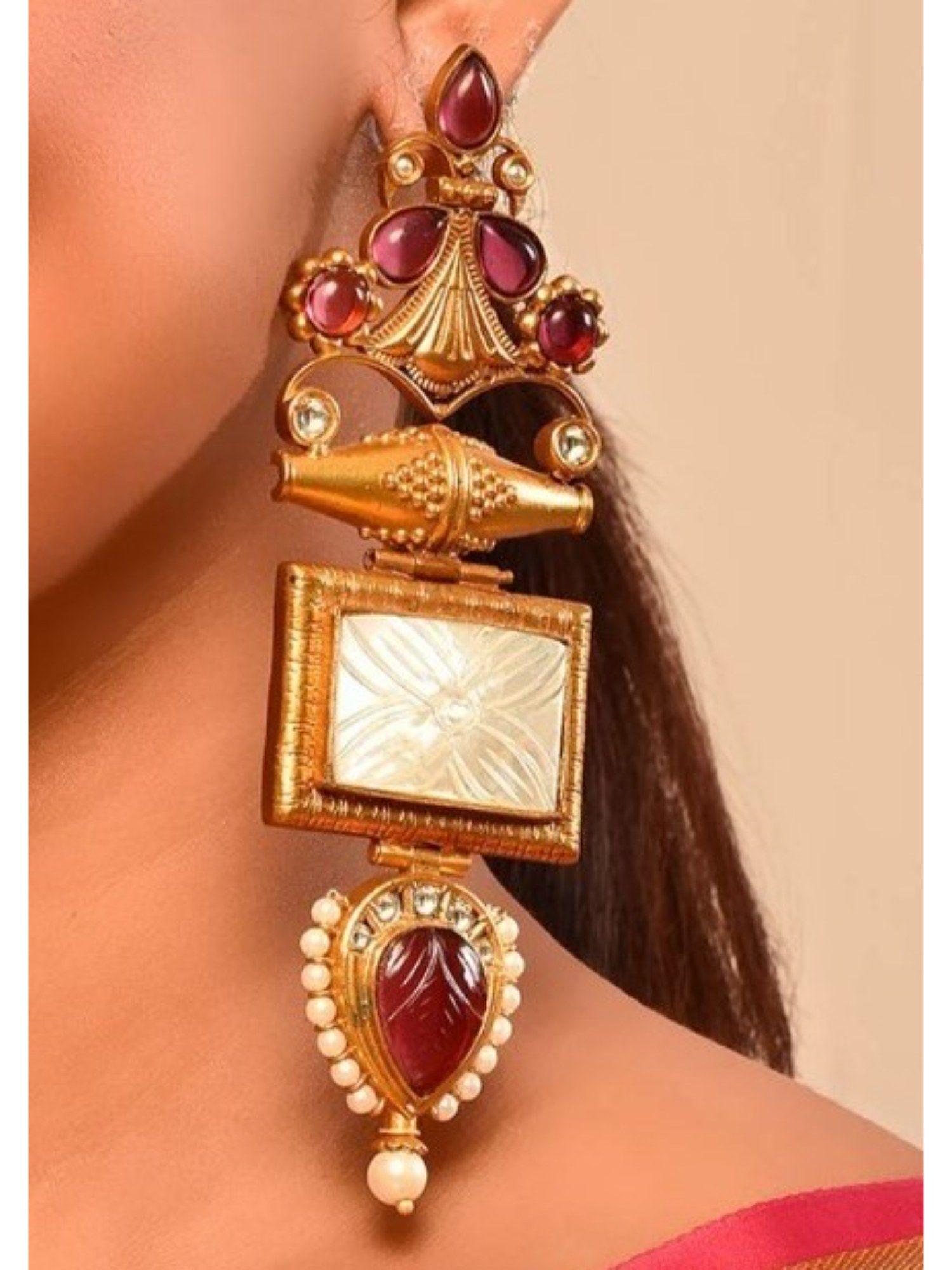 gold finish ruby stones traditional earrings