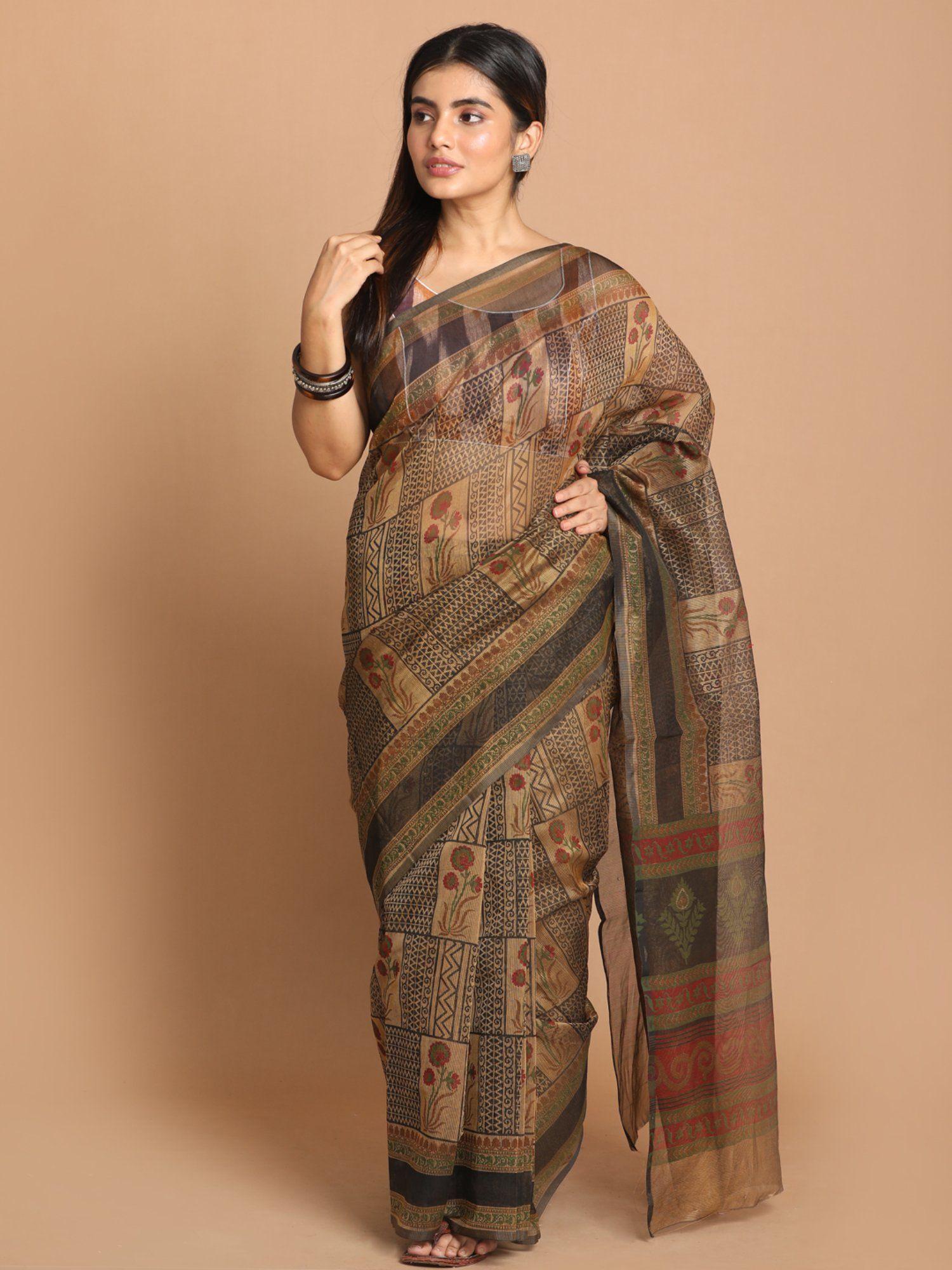 gold floral cotton blend saree with unstitched blouse