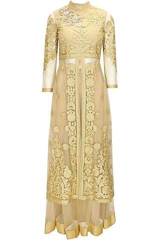gold floral embroidered long jacket with gold net lehenga