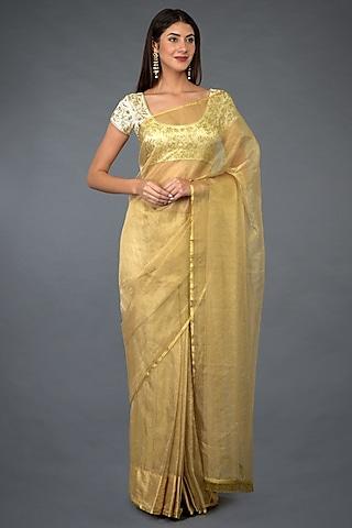 gold floral hand embroidered saree set