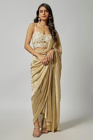 gold foil net pre-draped saree