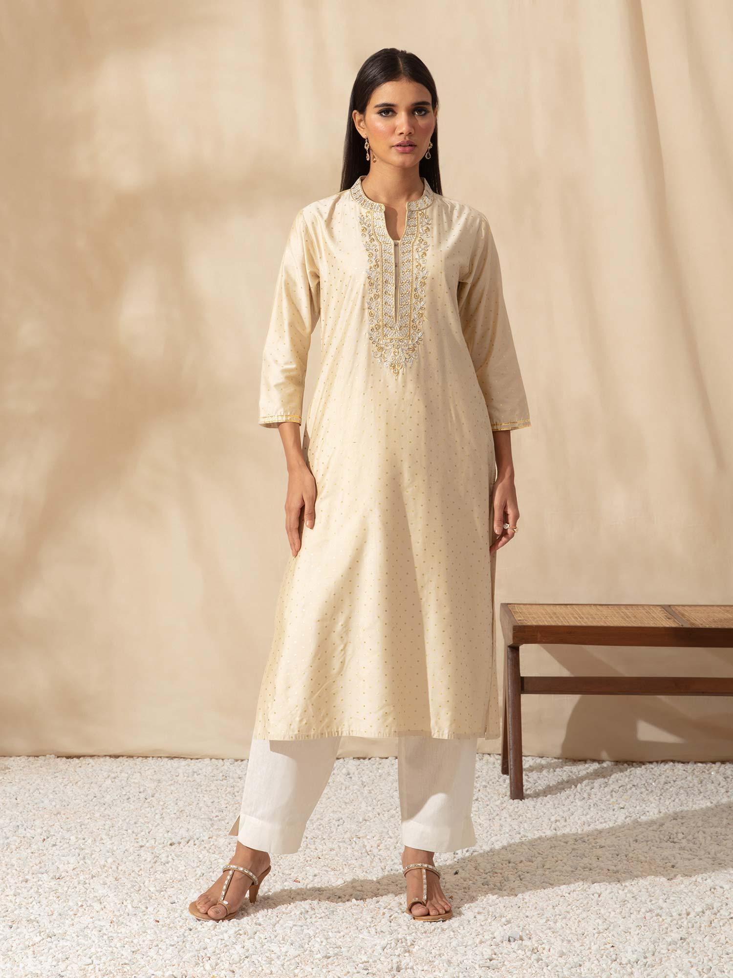 gold foil printed and embroidered ivory kurta likkur84