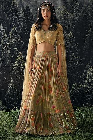 gold georgette floral printed layered lehenga set