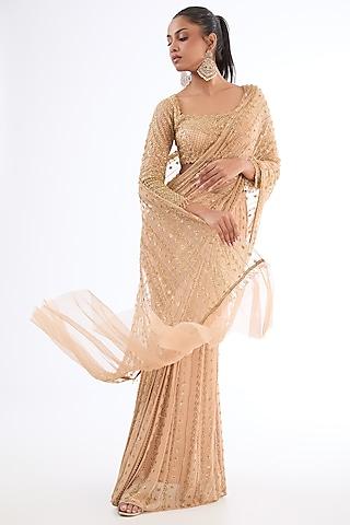 gold georgette hand embroidered pre-draped saree set
