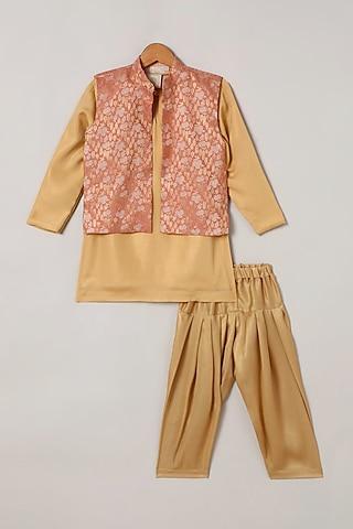 gold georgette kurta set with printed bundi jacket for boys