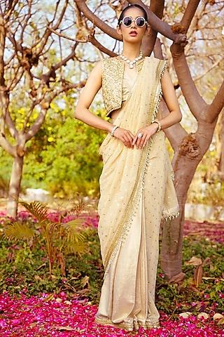 gold georgette mirror hand embroidered saree set