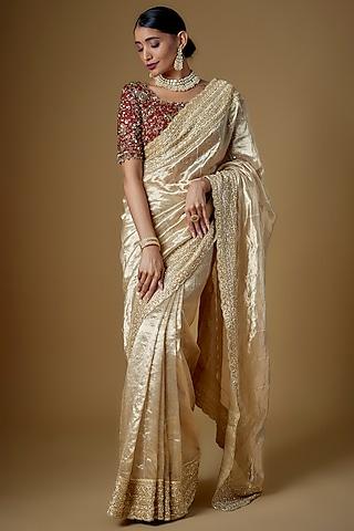 gold handloom tissue silk embellished saree set