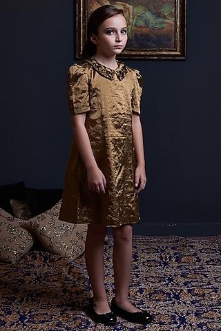 gold handwoven lurex & cotton blend embellished dress for girls