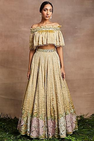 gold handwoven silk tissue embroidered lehenga set