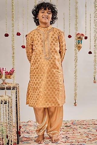 gold jacquard embroidered kurta set for boys