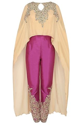 gold jewel embroidered cape top with wine embellished trousers