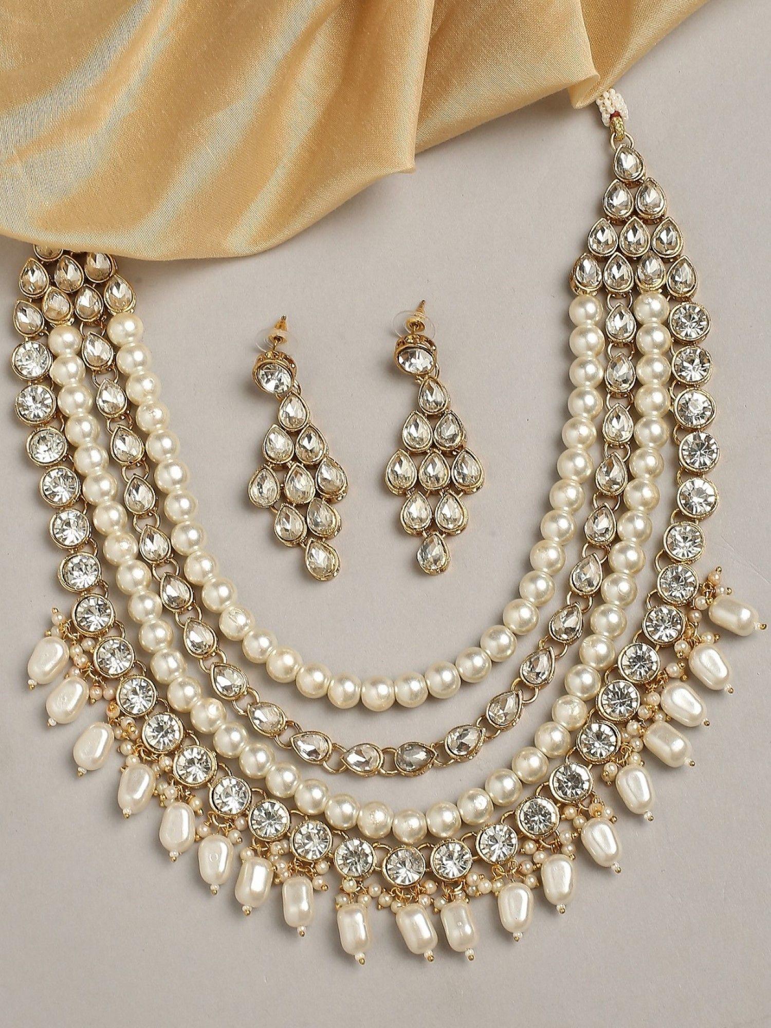 gold kundan & pearls necklace set multi layer ethnic mala long necklace set