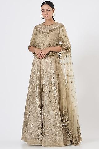 gold lace fabric gown with cape
