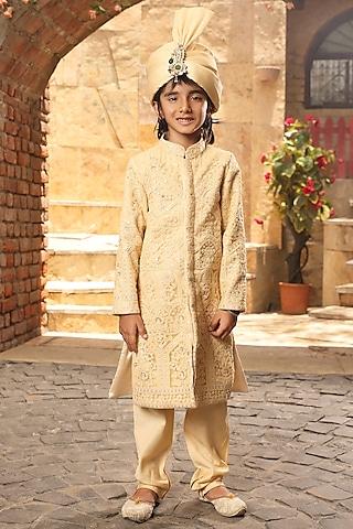 gold lucknowi fabric embroidered achkan set for boys