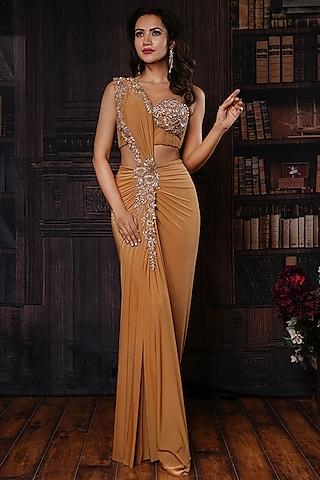 gold lycra & net embroidered draped saree set